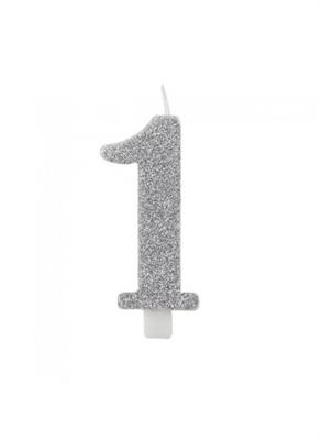 CANDELINA NUMERALE CM.9,5 GLITTER NR.1 SILVER