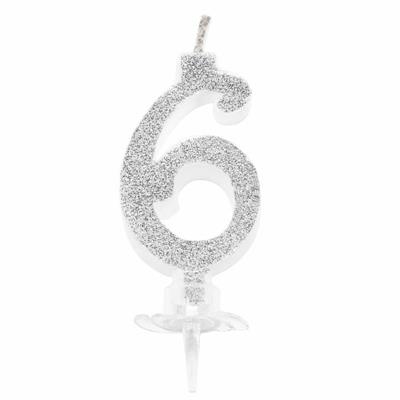 CANDELINA MINI NUMERALE CM.7 NR.6 SILVER GLITTER