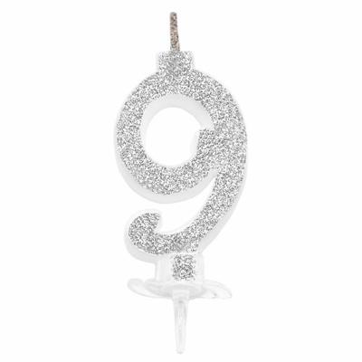 CANDELINA MINI NUMERALE CM.7 NR.9 SILVER GLITTER