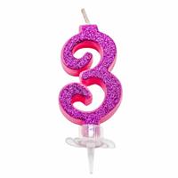 CANDELINA MINI NUMERALE CM.7 NR.3 FUXIA GLITTER