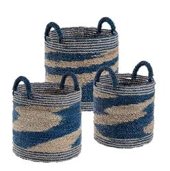 CESTA IN RATTAN NATURAL E BLU D.30X32 H. CON MANICI