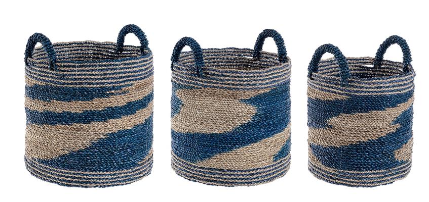 CESTA IN RATTAN NATURAL E BLU D.30X32 H. CON MANICI