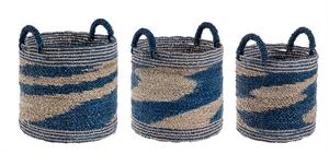 CESTA IN RATTAN NATURAL E BLU D.34X36 H. CON MANICI