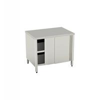 TAVOLO INOX ARMADIO 180X80X85H. PORTE SCORR. SU 2 LATI