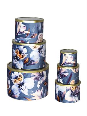 SCATOLA TONDA VELLUTO DEC.FIORE ARANCIO BLU D.14X11 CON VETRO