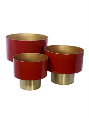 CACHE POT METALLO ROSSO CON BASE ORO DIAM.20X18 H.