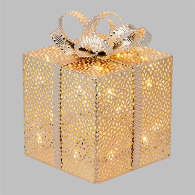 SCATOLA REGALO METALLO  LUMINOSA ORO CM.16X16 CON 30 LED